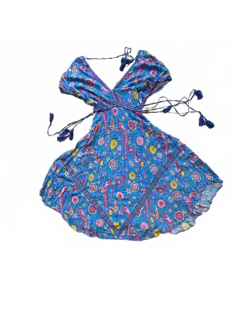 Blue bohemian maxi with pink and yellow floral pattern